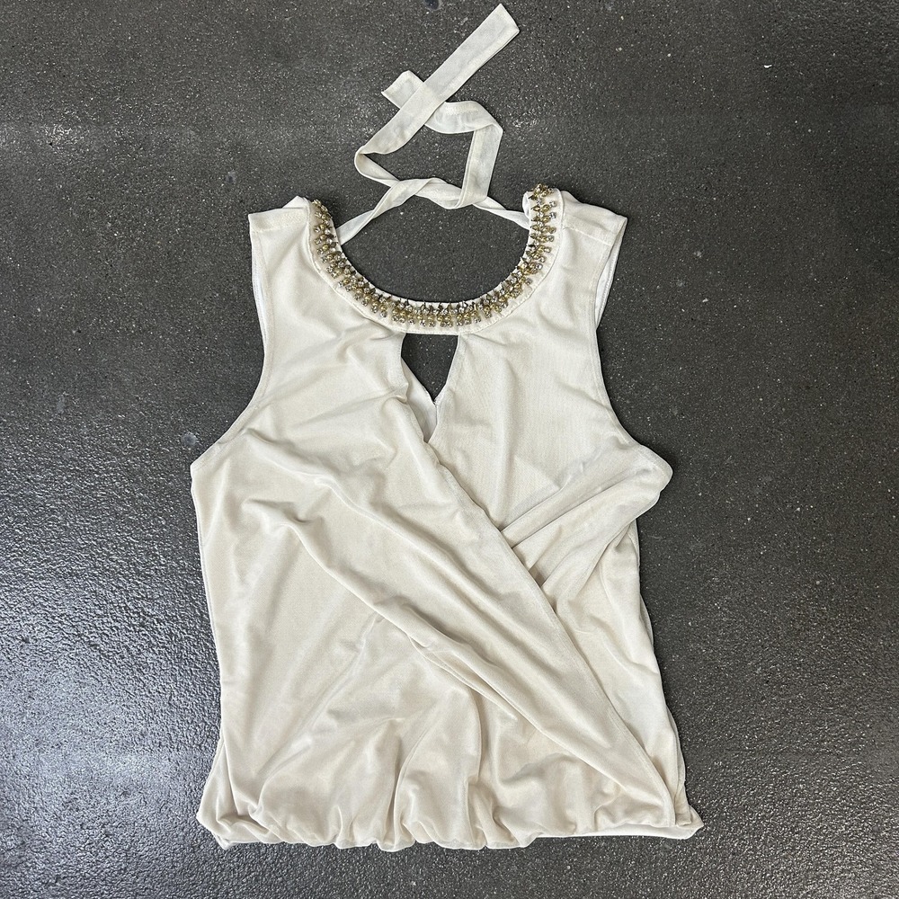 Bebe Tank Top Womens XS White Embellished Halter Beaded Rhinestone Bubble Hem